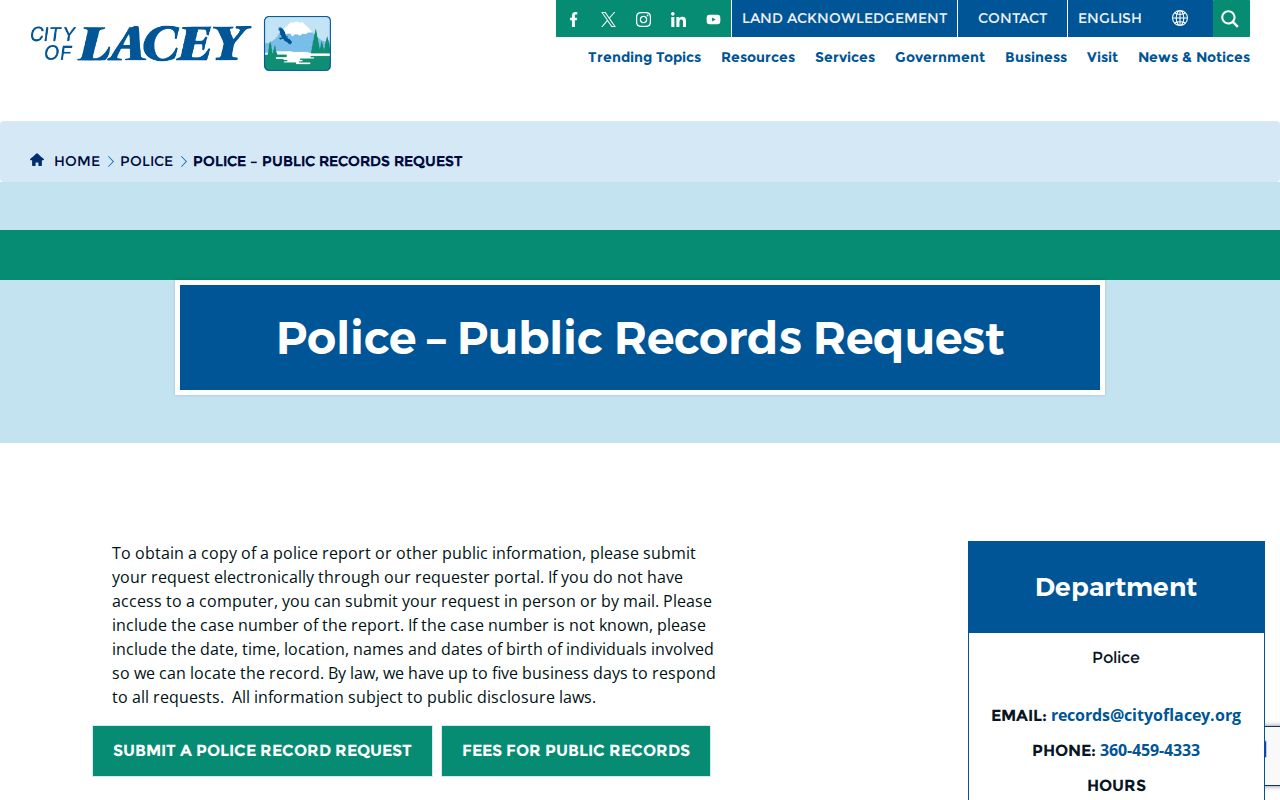 Lacey GovQA public records route for police reports