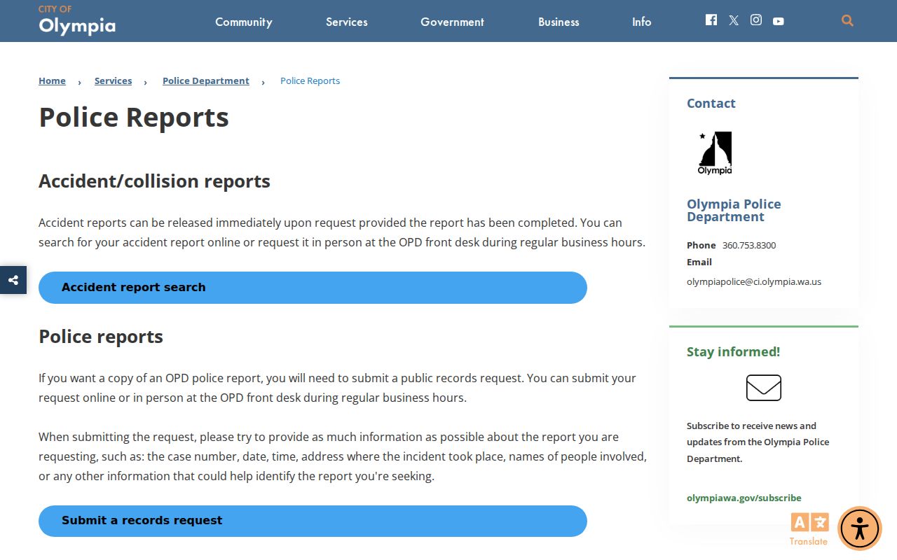 Olympia police record and collision report choices