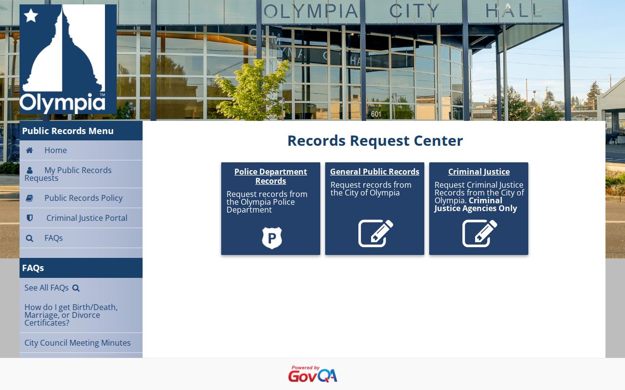 Olympia public records request interface for police records