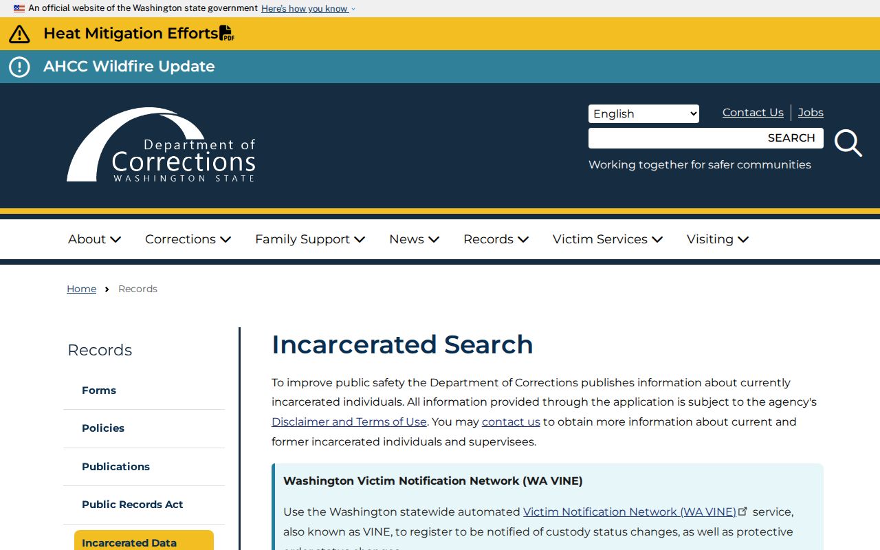 Thurston County criminal history route to Washington DOC incarcerated search