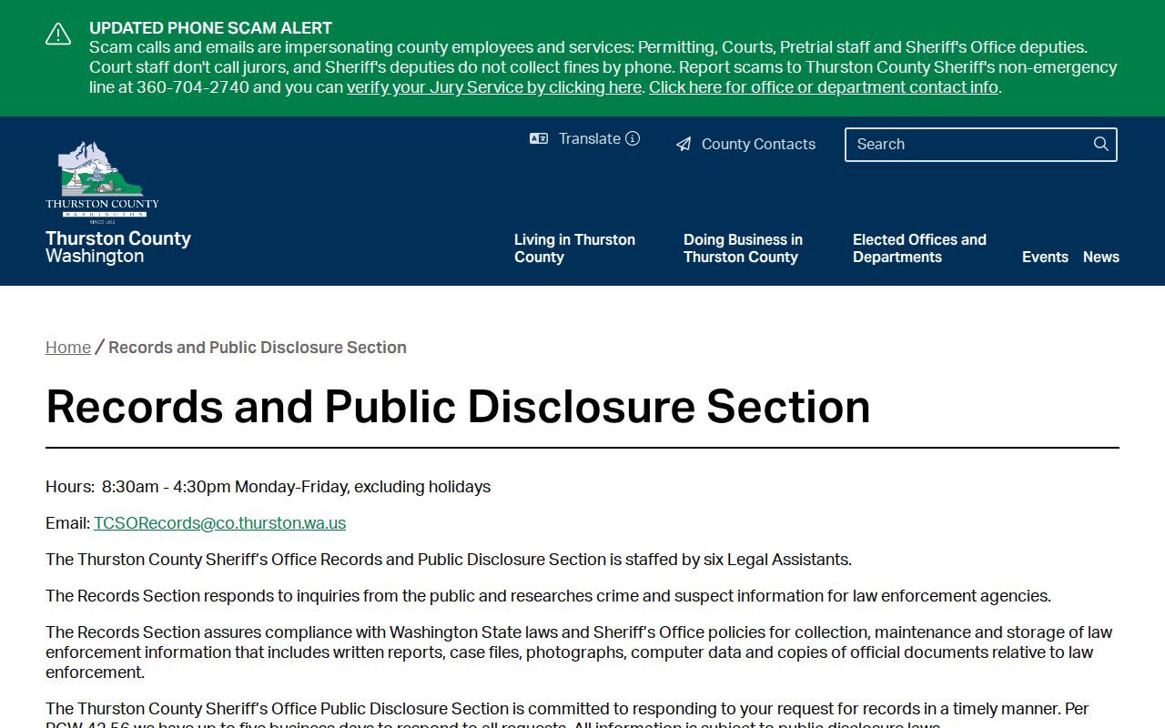 Thurston County criminal records and Sheriff public disclosure route
